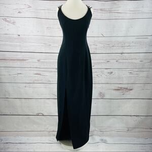 Cache vintage long black dress crisscross back silk front slit